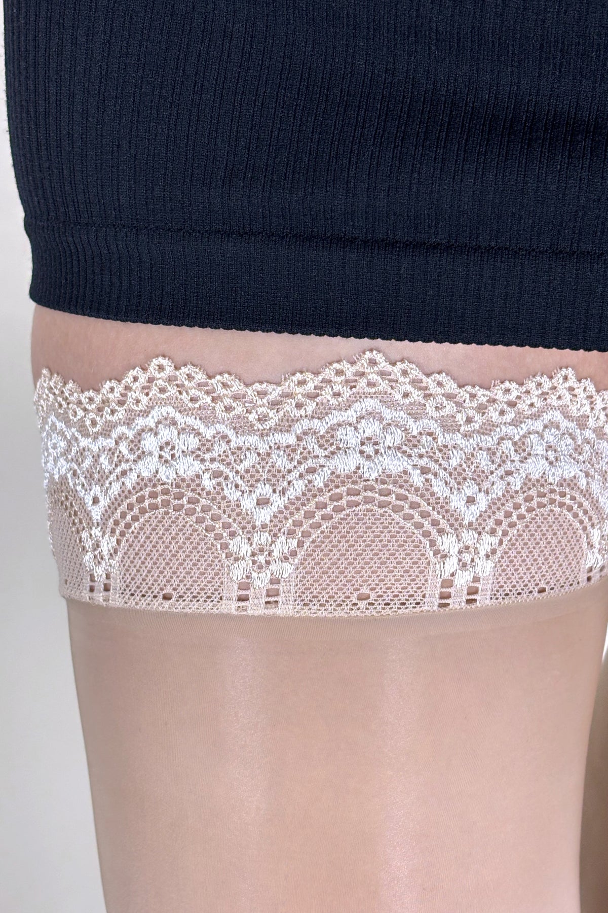 Nude Glossy Hold Up Stockings with Lace Top