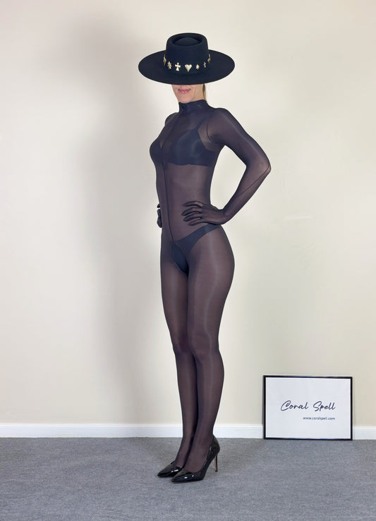 Sheer High Neck Bodystocking with Front or Back Zip