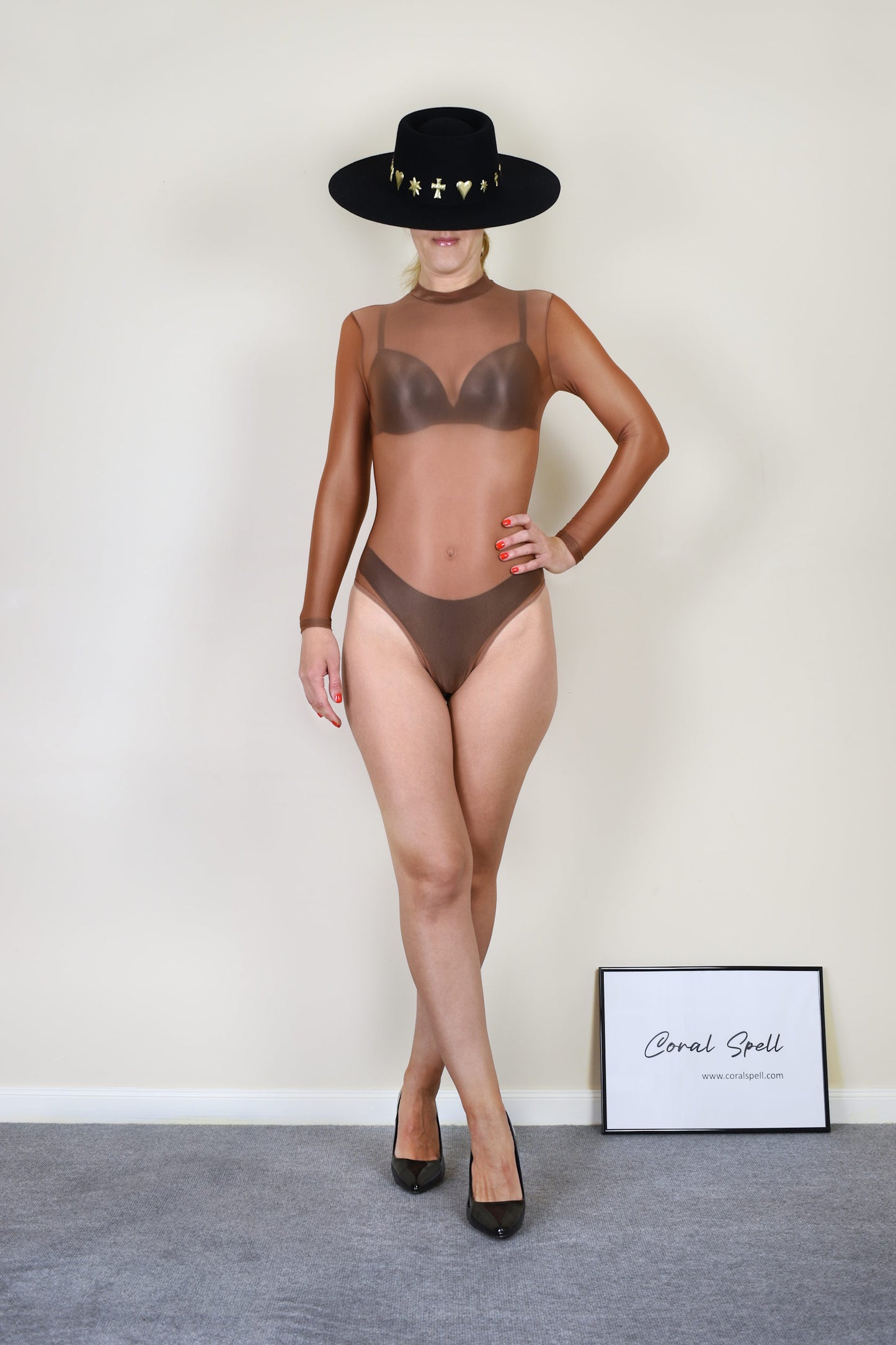 Brown Glossy Sheer Nylon Bodysuit