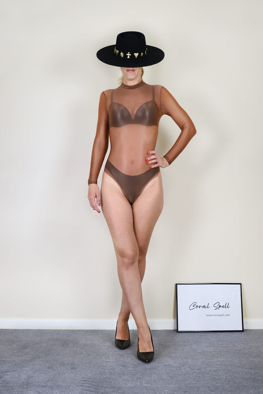 Brown Glossy Sheer Nylon Bodysuit