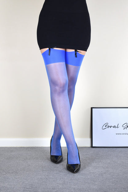 Blue 12D Glossy Sheer Thigh High Stockings with Plain Top