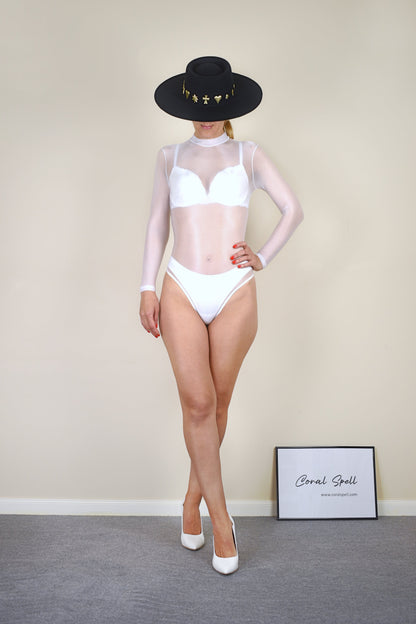 White Glossy Sheer Nylon Bodysuit