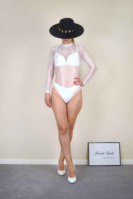 White Glossy Sheer Nylon Bodysuit