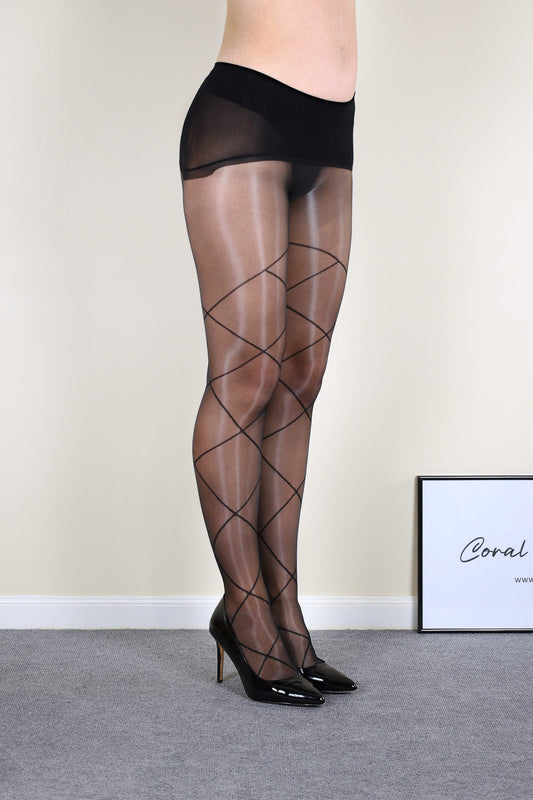 Black Oil Shine Geometric Jacquard Tights