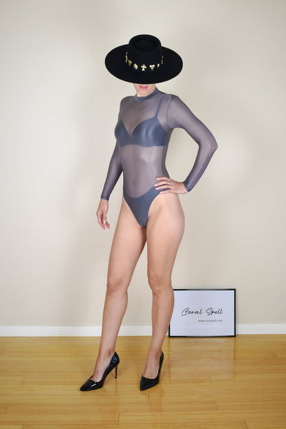 Silver Glossy Sheer Nylon Bodysuit