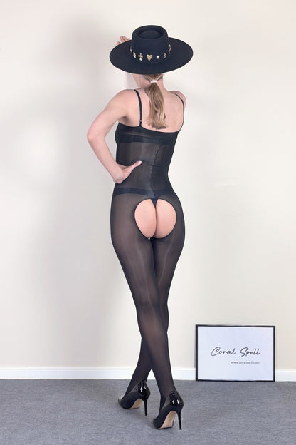 Glossy Bodystocking with Straps - Open Crotch