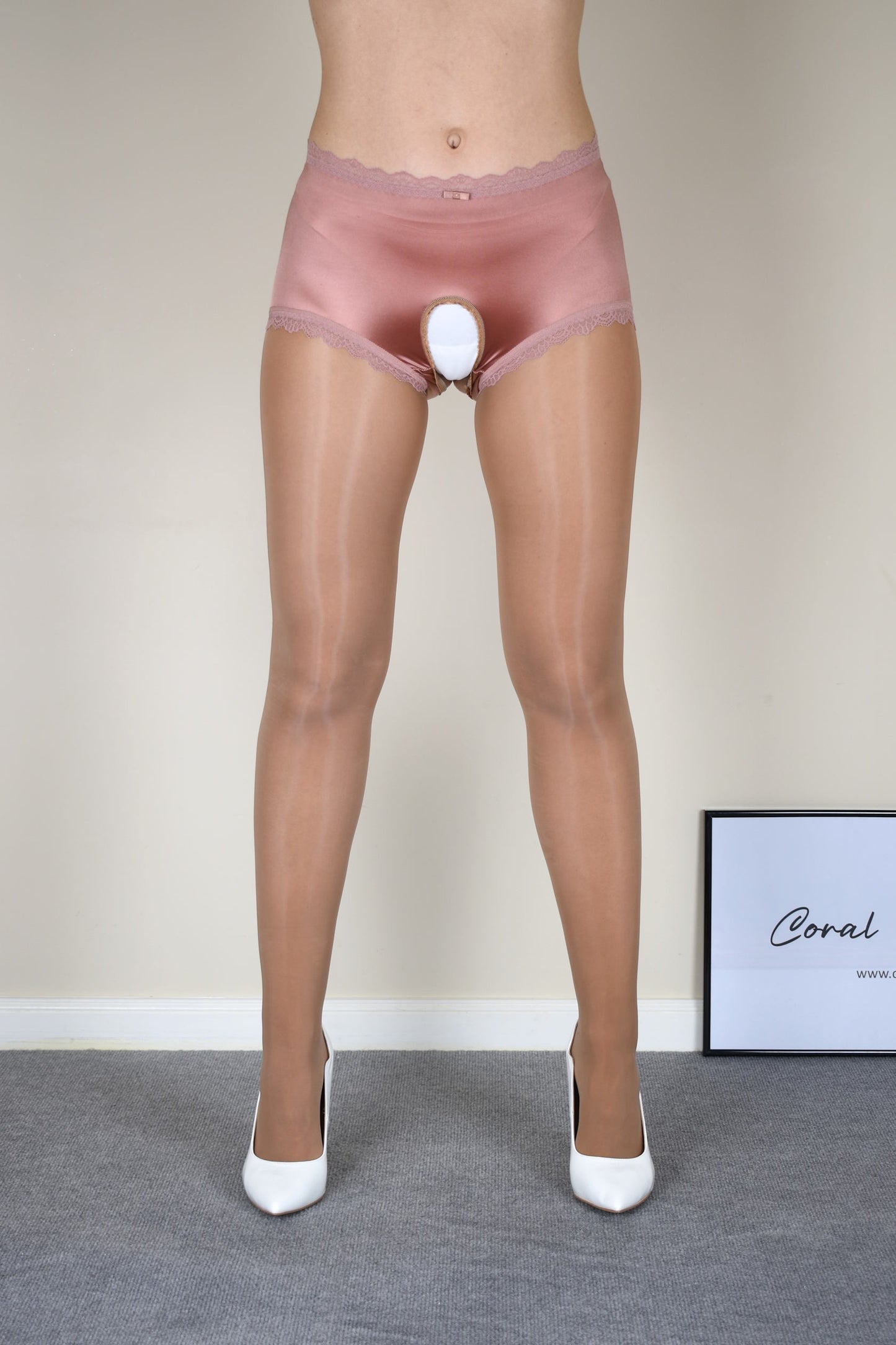Glossy Tights with Lace Back Panel - Open Crotch