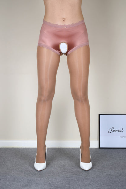 Glossy Tights with Lace Back Panel - Open Crotch