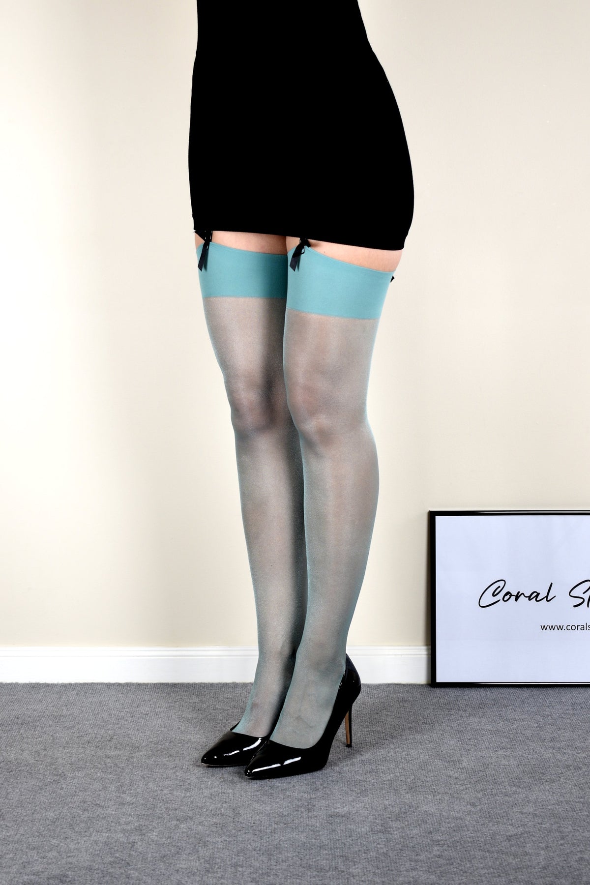 Green 12D Glossy Sheer Thigh High Stockings with Plain Top