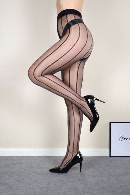 Black Sheer Striped Crotchless Tights