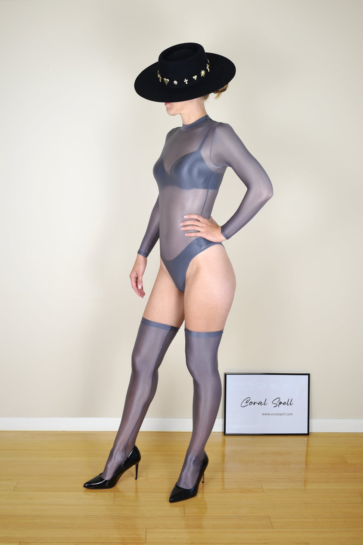 Silver Glossy Sheer Nylon Bodysuit