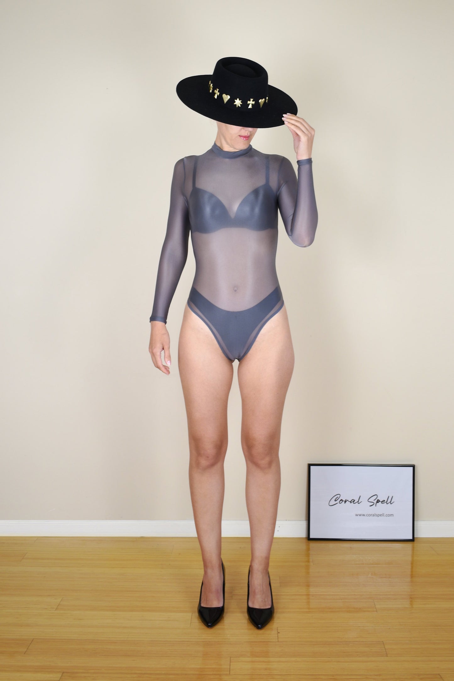 Silver Glossy Sheer Nylon Bodysuit