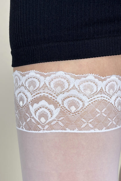 White Sheer Hold-Up Stockings with Peacock Lace Top