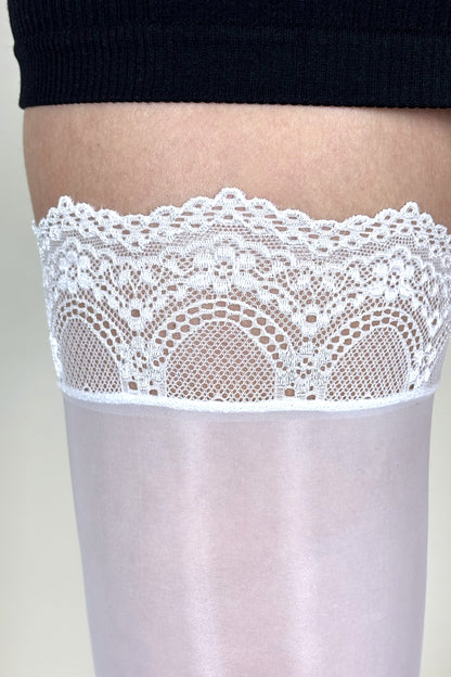 White Glossy Hold Up Stockings with Lace Top