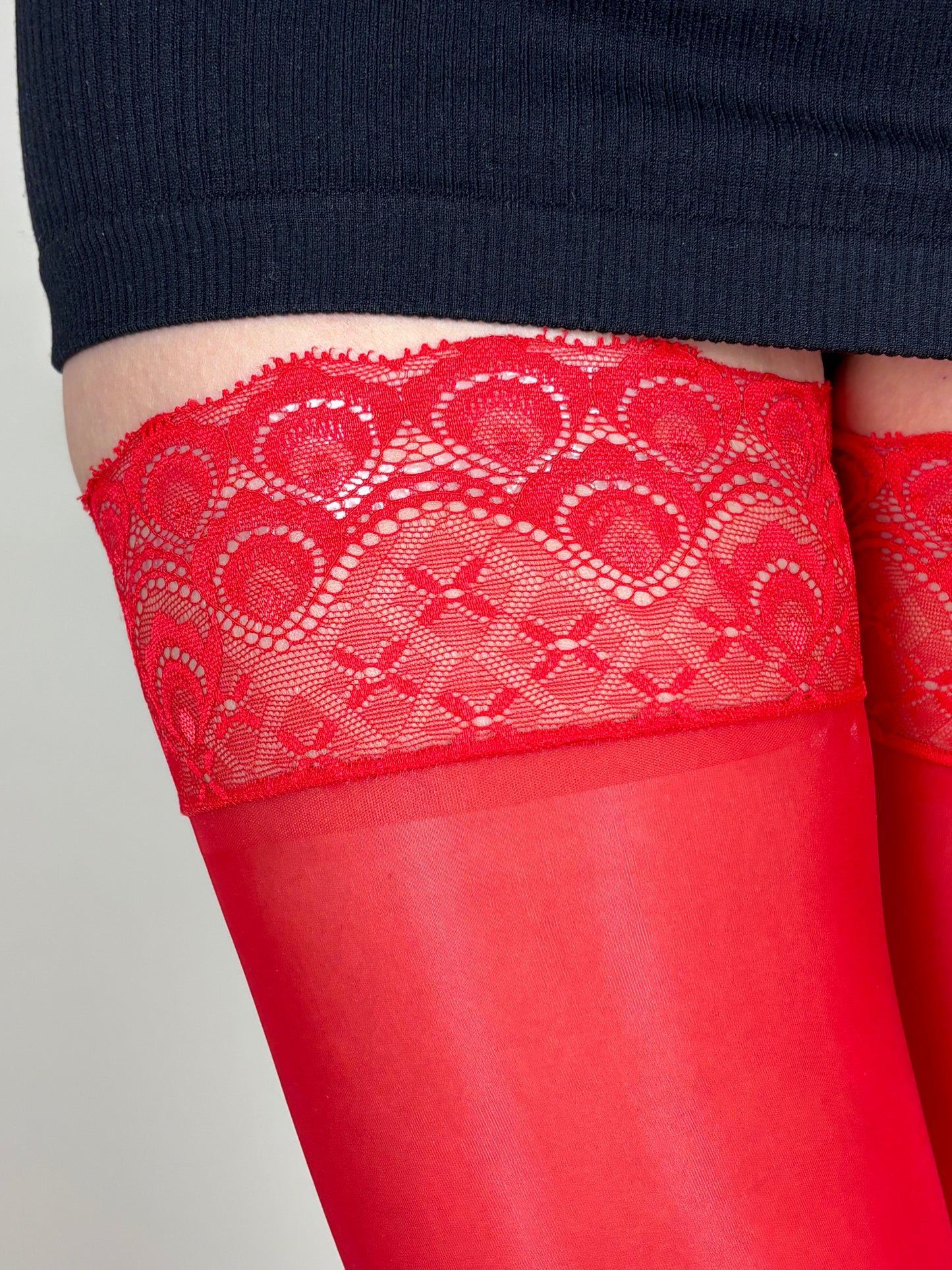 Red Sheer Hold-Up Stockings with Peacock Lace Top