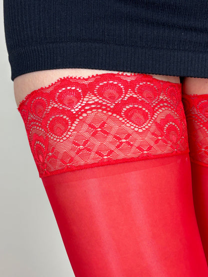 Red Sheer Hold-Up Stockings with Peacock Lace Top