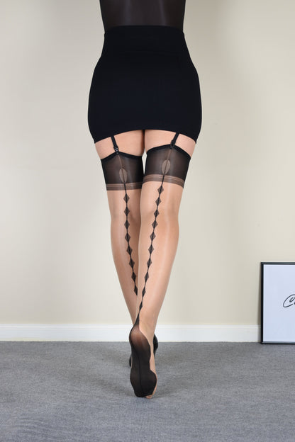 Tan Cuban Heel Stockings with Diamond Back Seam